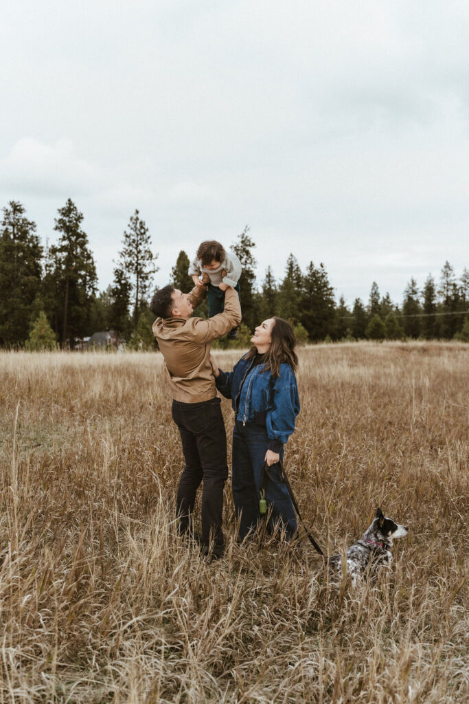 A faraway shot of this family of 3, dad is playing airplane with their son, mom happily looks at them playing, the family dog rests in the wheat field. Spokane family photoshoot with Sophie Grace Photography
